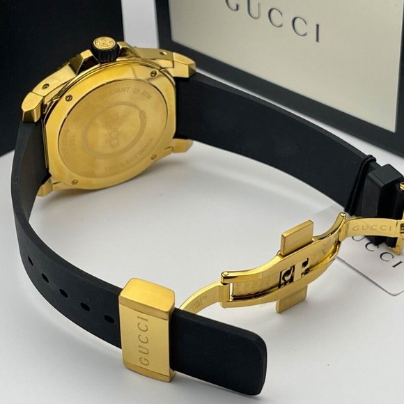 Gucci XL 45mm "BRAND NEW" Gold Snake Black Dial Rubber Band Swiss Watch YA136219 - Picture 5 of 8